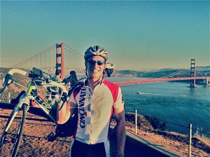 November Engineer of the Month, Thaddaeus Voss, cycling in San Francisco.