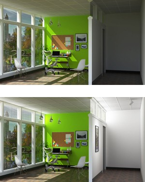 A room with SmartLight off (above) and on (below)