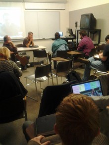 S-Project facilitators Dale Murray and Dave Stefan lead a video chat during class.