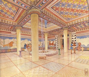 Watercolor reconstruction of the Pylos Throne Room by Piet de Jong digitally restored by Craig Mauzy, courtesy of the Department of Classics, University of Cincinnati
