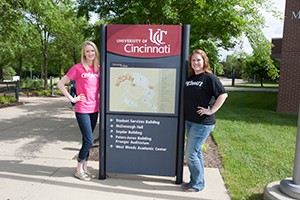 Clermont students on campus in the spring; Jackie Young and Meagan Schalk.