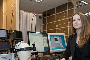 Doctoral student researcher Mary Jeam Amon is photographed in the motion capture room of UC's Center for Cognition, Action and Perception.