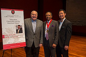Image of Board Chair Tom Humes, Mellon President Earl Lewis and UC President Santa Ono.