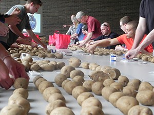Volunteers assemble potato battery.