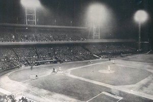 Baseball field at night with lights in 1935.