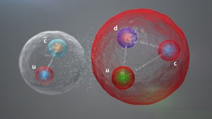 A color illustration of an atomic structure with five pentaquarks separated. 
