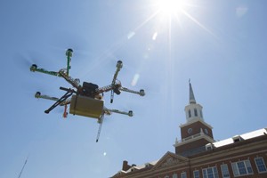 Octocopter drone flies by UC's McMicken Hall