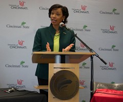 Cincinnati State president speaking at podium