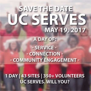 Poster for UC Serves Day 2017 showing a red rose and white text