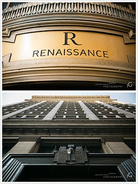 Renaissance Hotel sign in front of buildilng and arial view looking up at the side of the building 