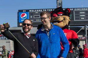 The University of Cincinnati attempts to break the Guinness World Record for longest selfie chain as part of "Risky Business Week," hosted by UC's Enterprise Risk Management department.
