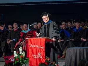 Clermont County Judge Kevin Miles speaks to UC Clermont graduates Friday during the collegeÂ s spring commencement celebration.  