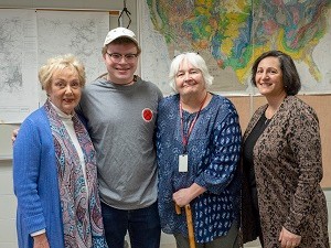 UC Clermont sophomore geology student Thomas Farron received the Wayne A. Pryor-Mary Lou Motl Fellowship to continue his studies on UCÂ s Uptown Campus this fall. From left: Mary Lou Motl; Thomas Farron; Many Hunt, UC Clermont geology professor; and Mona S
