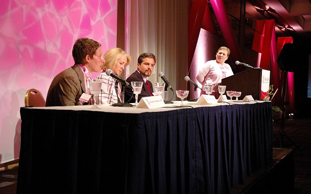 Jennifer Manders, MD, Mary Mahoney, MD, and Erik Knudsen, PhD, discuss the latest scientific developments in breast cancer research at the 2005 luncheon. 