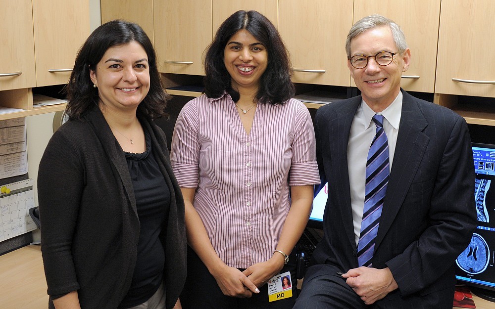 Achala Vagal, MD (center), with mentors Pooja Khatri, MD, and Thomas Tomsick, MD.