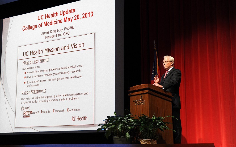 Jim Kingsbury, president and CEO of UC Health, delivers a presentation Monday, May 20, in Kresge Auditorium.