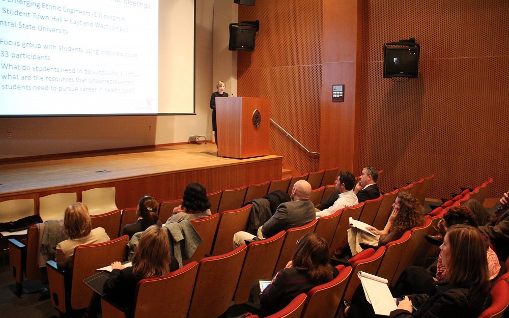College of Nursing Dean Greer Glazer, PhD, presented two town hall discussions in November on the Academic Health Center Pipeline Project. Here, she's at the podium in the Vontz Center's Rieveschl Auditorium.