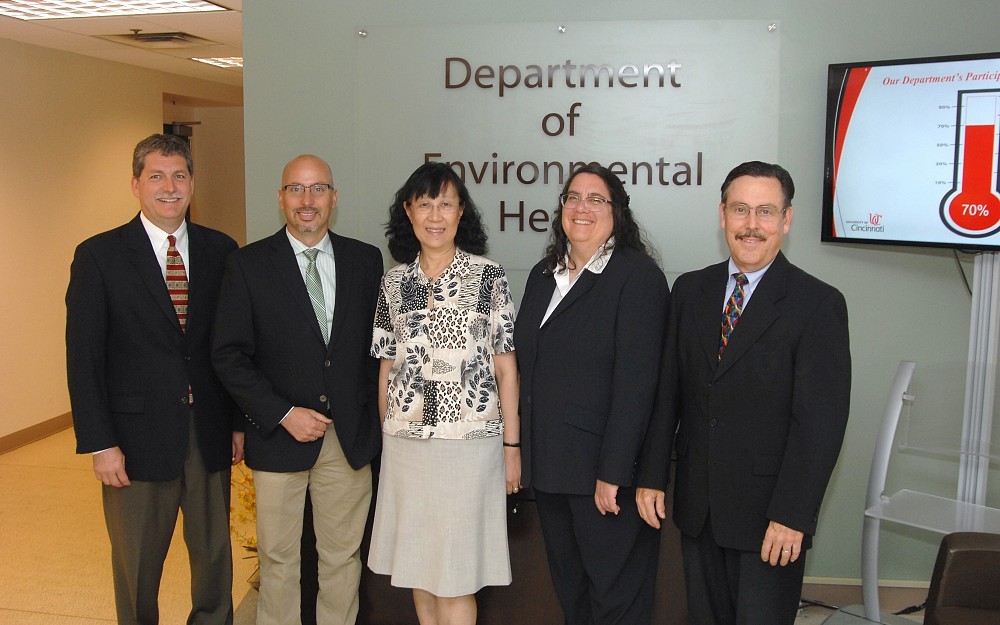 Department Chair Shuk-Mei Ho, PhD (center), and associate professor Andrew Maier, PhD (far left), with new faculty members John Reichard, PhD, Lynne Haber, PhD, and Michael Dourson, PhD.