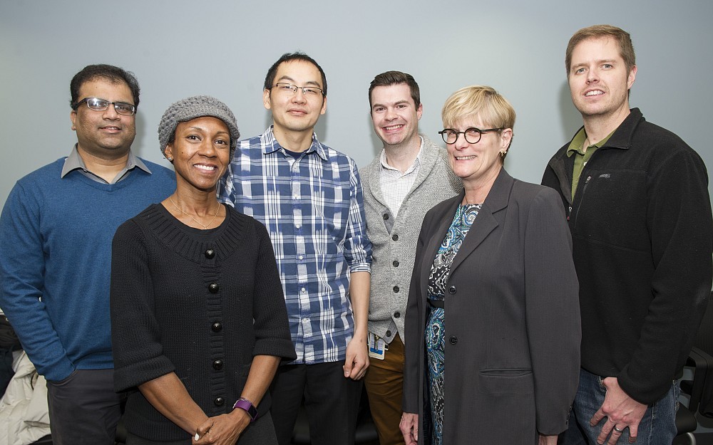 From left to right: Nalinikanth Kotagiri, PhD; Anjanette Wells, PhD*; In Kwon Kim, PhD; Tim Phoenix, PhD*; Karlynn BrintzenhofeSzoc, PhD; and Tom Cunningham, PhD.  *not technically cluster hires but will be conducting research with them