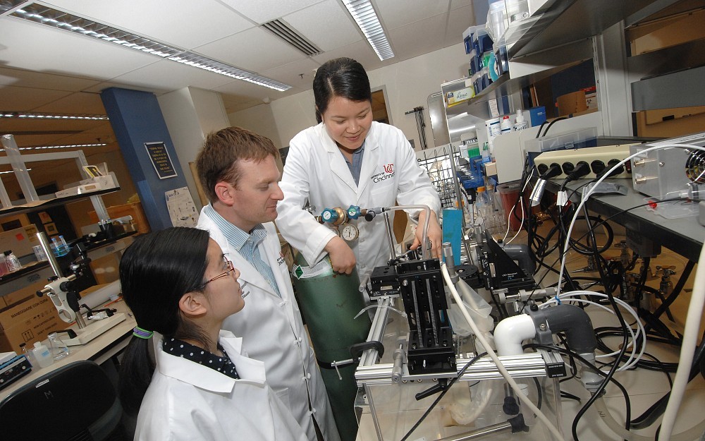 Left to right: Sarah Li, an undergraduate at Purdue University in UC's SURF program, works with Kevin Haworth, PhD, assistant professor in the Division of Cardiovascular Health and Disease, and Karla Mercado-Shekhar, PhD, postdoctoral fellow on a project.