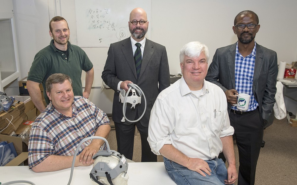 From left to right Sense Diagnostic's Dan Kincaid, Joe Korfhagen, along with UC faculty Matthew Flaherty, MD; Chip Shaw, MD, PhD; and Opeolu Adeoye, MD.