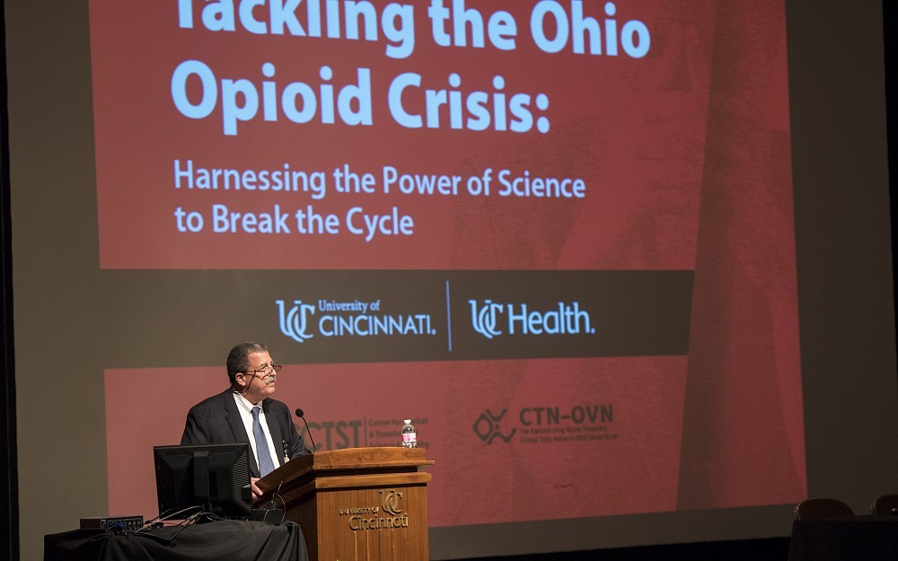 William Ball, MD, dean of the College of Medicine, gives opening remarks at the opioid symposium held in Kresge Auditorium on Nov. 27, 2017