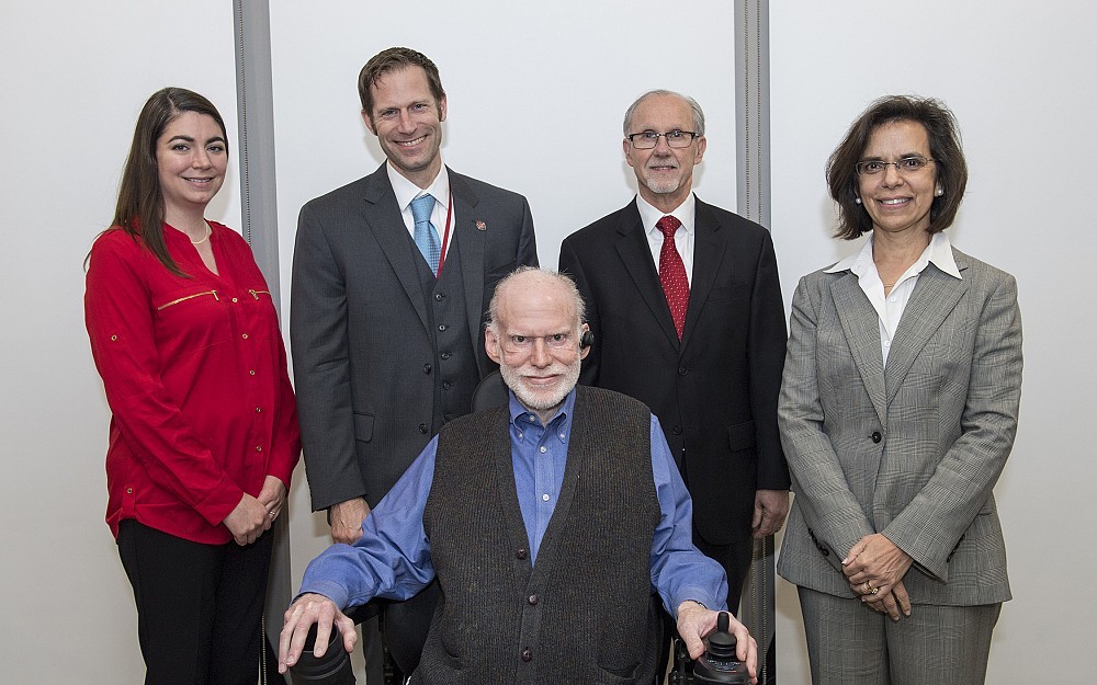 John Quinlan, MD, (front) is joined by Laura Malosh, PhD (rear left), Robert Neel, IV, MD, Andrew Filak, MD, and Aurora Bennett, MD (far right) shown at a May 2017 awards reception. Neel is the Leonard Tow Humanism in Medicine Faculty awardee.