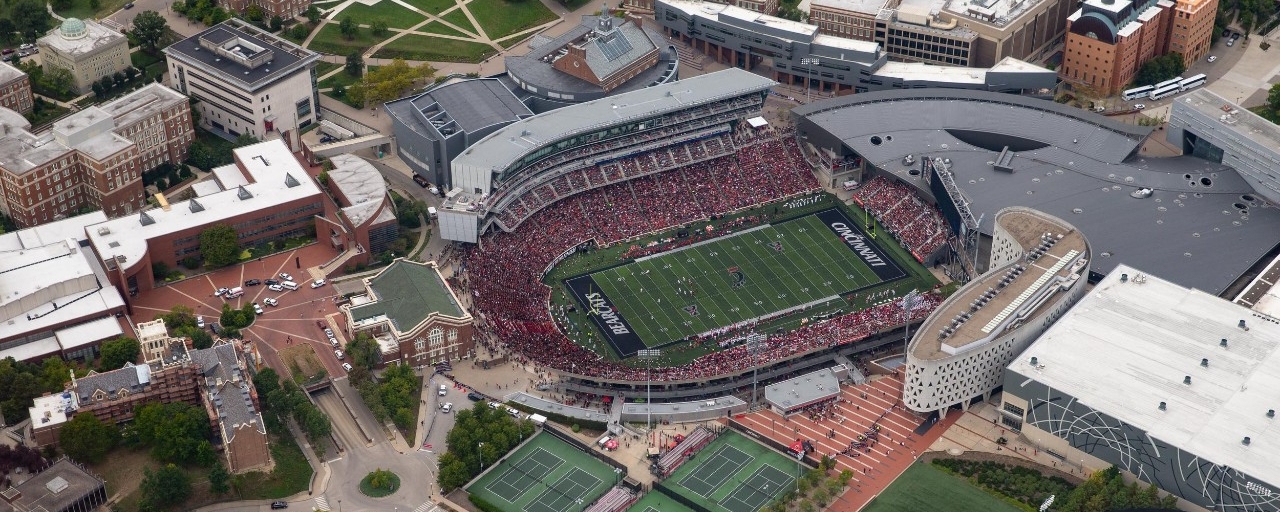 Aerial photo of Uptown campus during a football game
